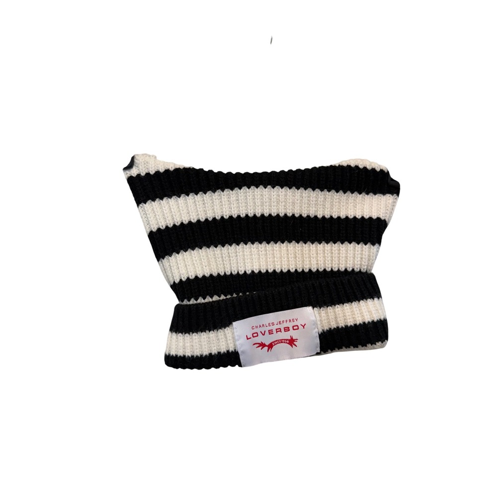 Charles Jeffrey Loverboy Black White Striped Cat Ear Beanie Knit Hat Warm Cozy